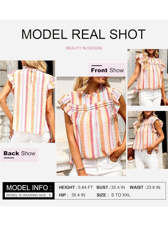 Amazon Tops - Amazon Striped Ruffle Sleeve Blouse - Pink & Orange